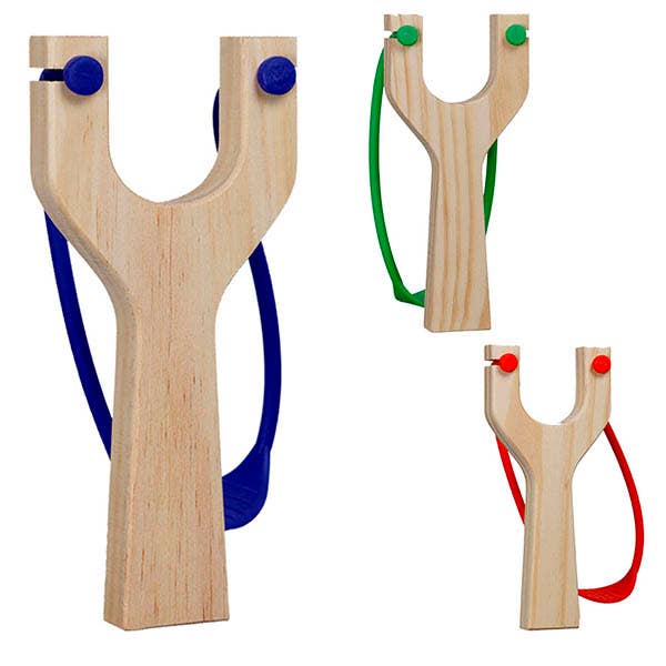 Steinschleuder aus Holz mit buntem Gummi