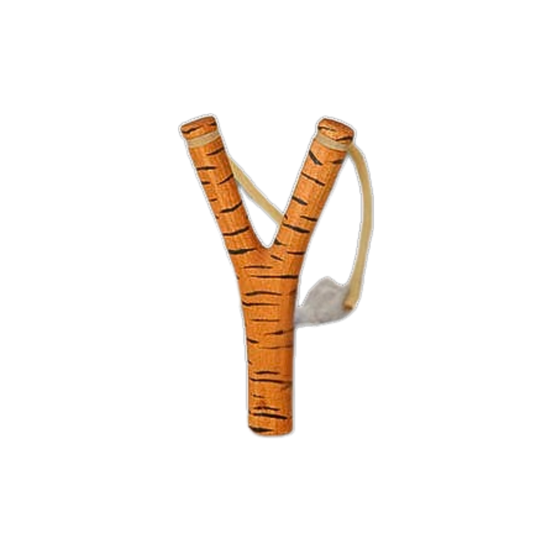 Steinschleuder aus Holz in orange mit Tigermuster