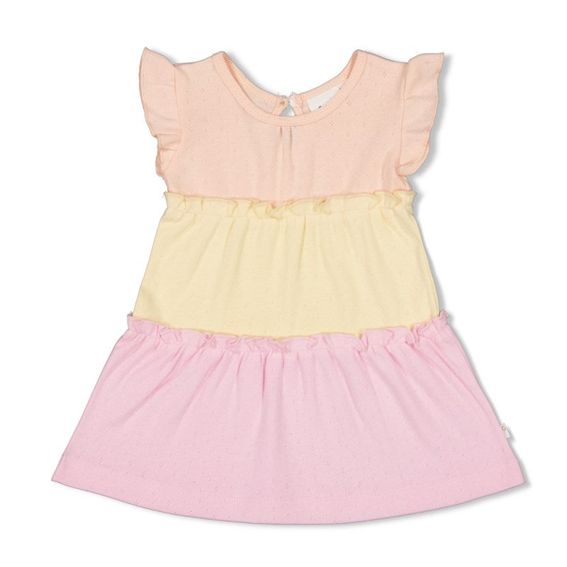 Schönes Kleid in gelb, rosa und aprikose mit Lochmuster aus Bio-Baumwolle