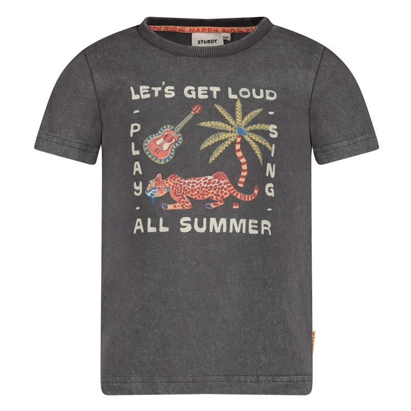 Hochwertiges T-Shirt aus Bio-Baumwolle in Anthrazit mit fröhlichem Aufdruck mit Leopard, Palme und Gitarre
