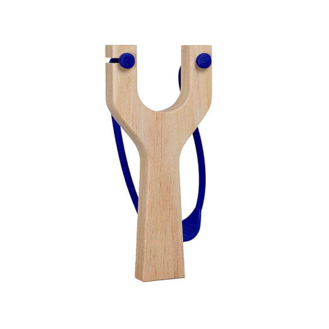 Steinschleuder aus Holz mit buntem Gummi, blau