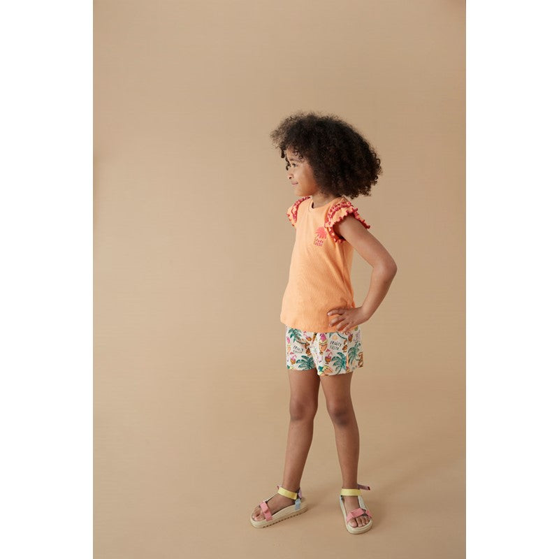 Coole Mädchen Shorts mit All-Over-Print mit Palmen, Affen, Papagei und exotischen Früchten, aus Bio-Baumwolle