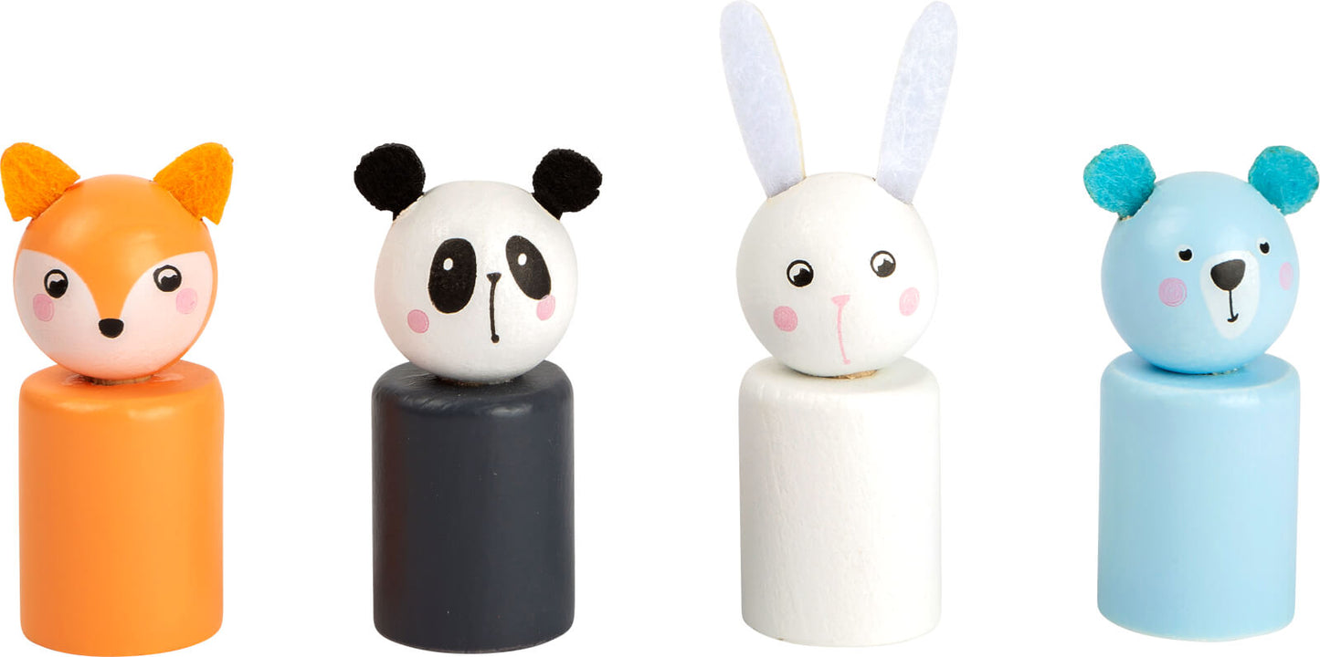 Spielfiguren aus Holz: Fuchs, Bär, Panda und Hase