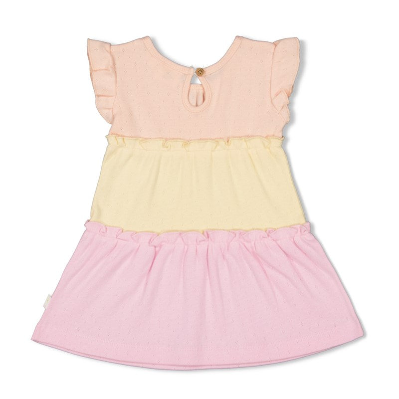 Schönes Kleid in gelb, rosa und aprikose mit Lochmuster aus Bio-Baumwolle