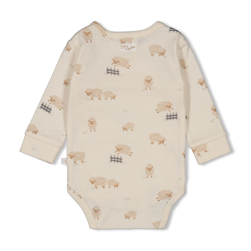 Niedlicher Wickelbody mit All Over Print Schafe in creme