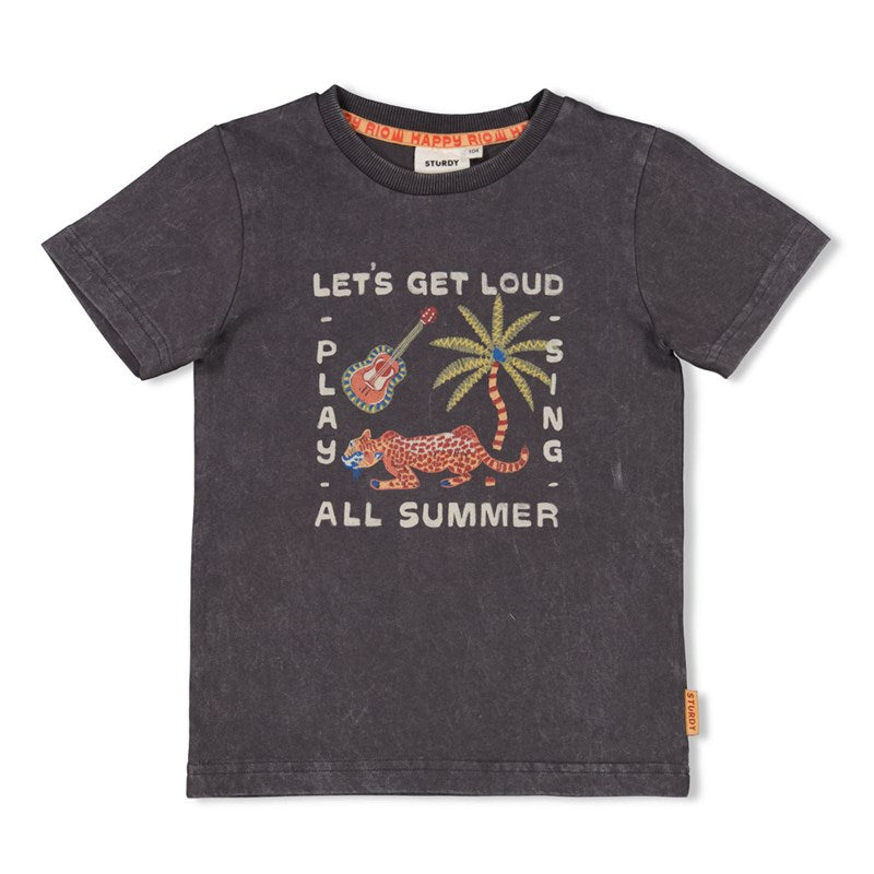 Hochwertiges T-Shirt aus Bio-Baumwolle in Anthrazit mit fröhlichem Aufdruck mit Leopard, Palme und Gitarre