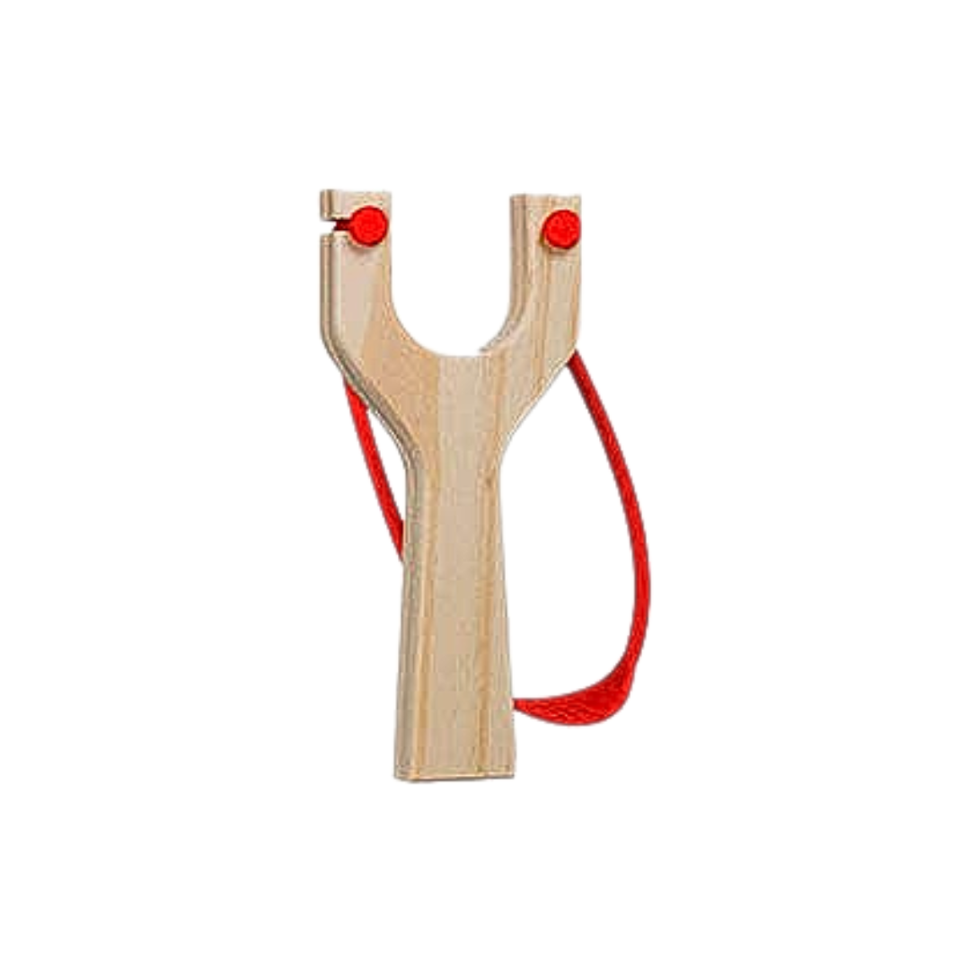 Steinschleuder aus Holz mit buntem Gummi, rot