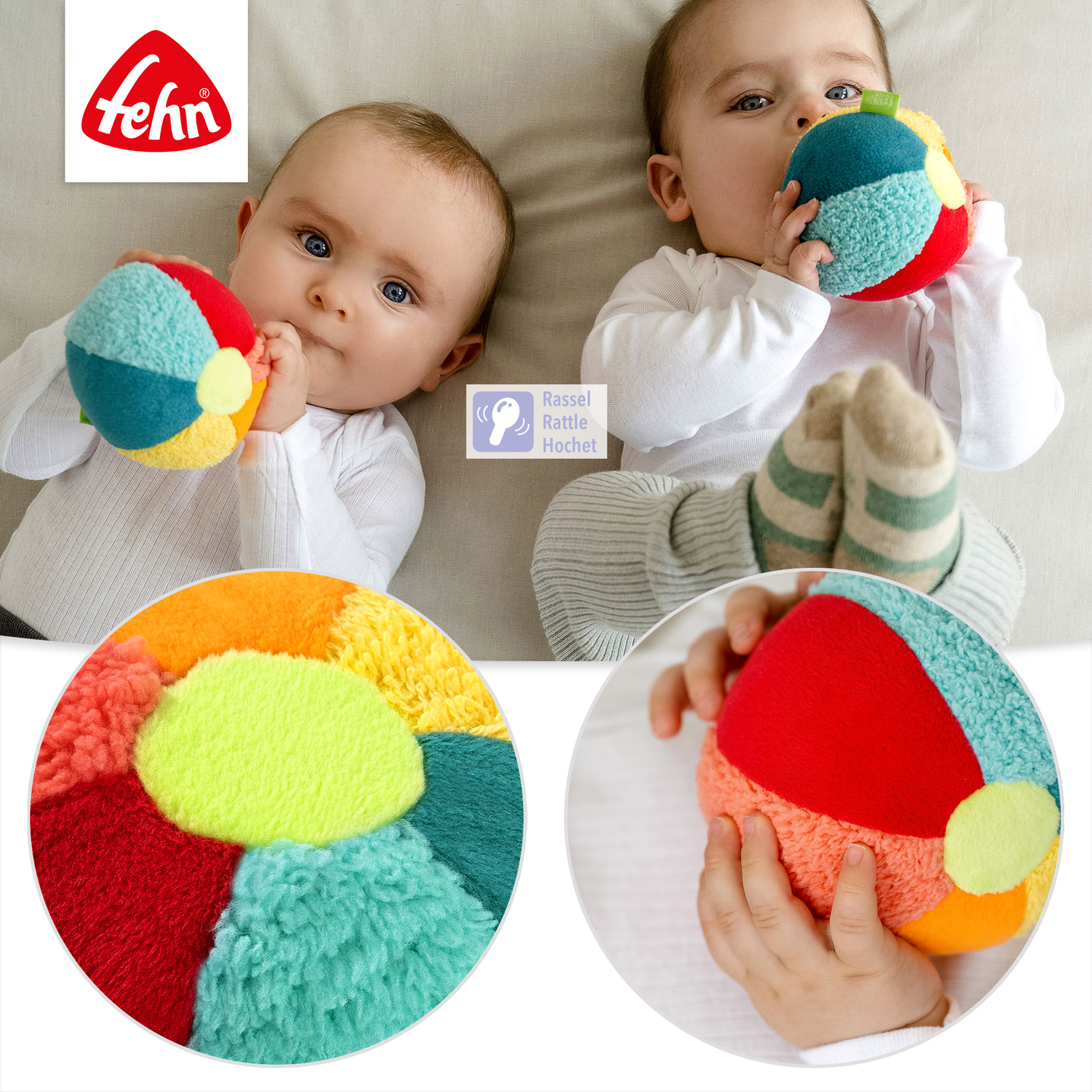 Bunter Stoffball mit Rassel und Materialmix zum Werfen, Greifen und Rollen