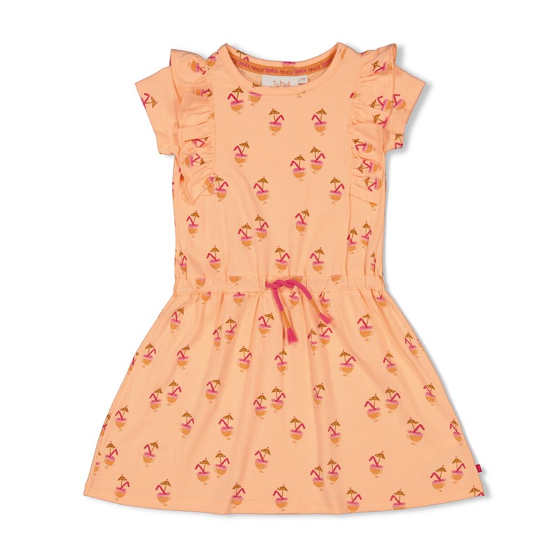 Sommerliches Kleid mit Rüschen und verstellbarem Bund in Neon Orange