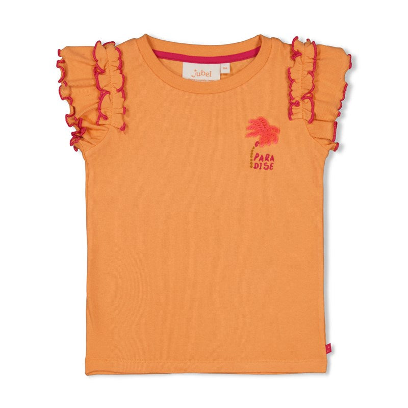 Geripptes T-Shirt aus Bio-Baumwolle mit Rüschen in orange