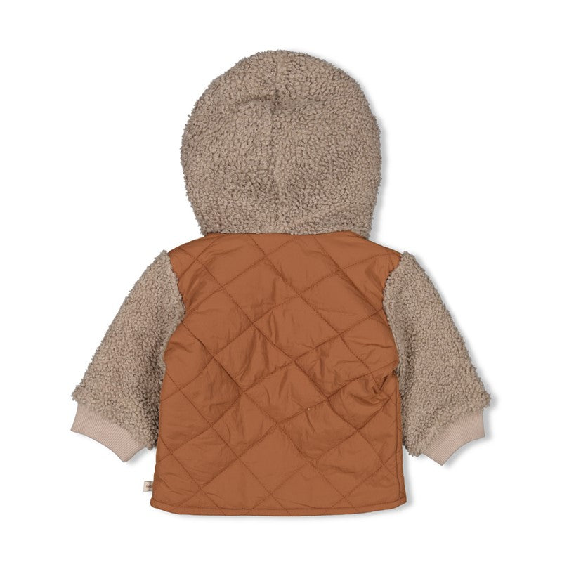 Süße Plüschjacke mit Kapuze und Teddy-Ohren ind Braun mit Teddybären Applikation auf der Brust