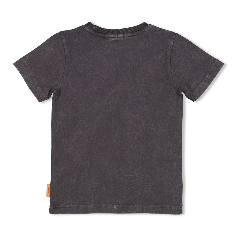 Hochwertiges T-Shirt aus Bio-Baumwolle in Anthrazit mit fröhlichem Aufdruck mit Leopard, Palme und Gitarre