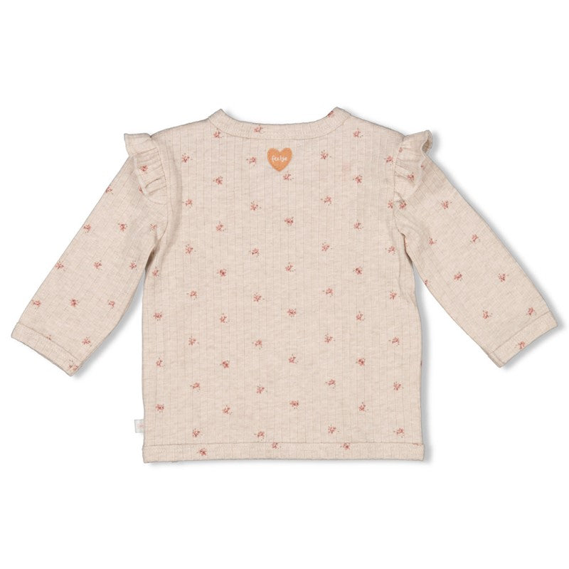 Praktisches Wickelshirt in Taupe Melange mit Blumen All Over Print und Rüschen an den Schultern