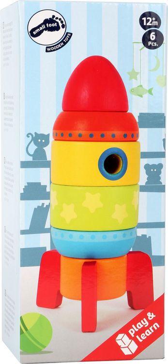 Die bunte Rakete aus Holz ist ein besonders schönes Steckspielzeug zum Schulen der Motorik