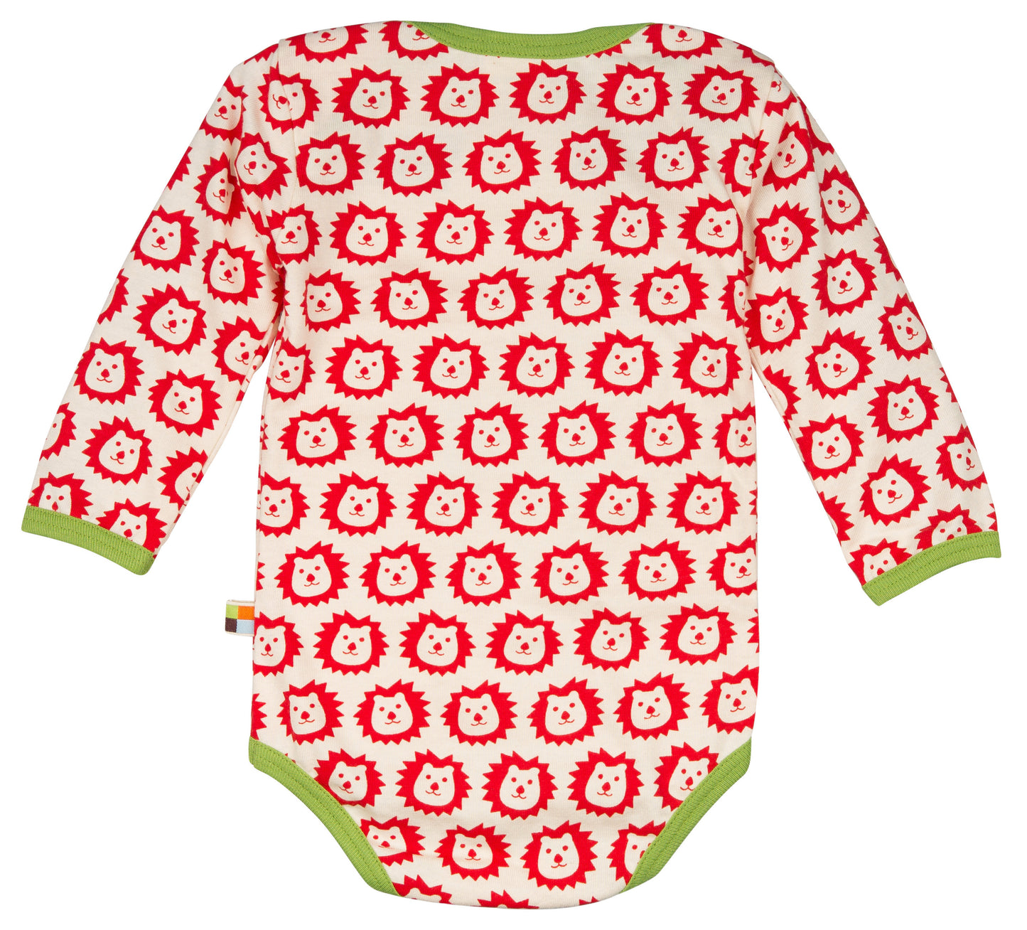 Toller Langarm-Body von Loud and Proud aus Bio-Baumwolle. Mit grünen Bündchen und roten Löwen. Der Body hat einen Schlupfkragen und Druckknöpfe im Schritt