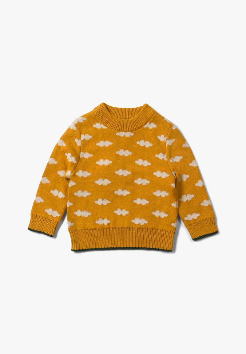 Schöner warmer Strickpulli in Senfgelb mit weißen Wolken, aus 100% Bio-Baumwolle, GOTS-zertifiziert