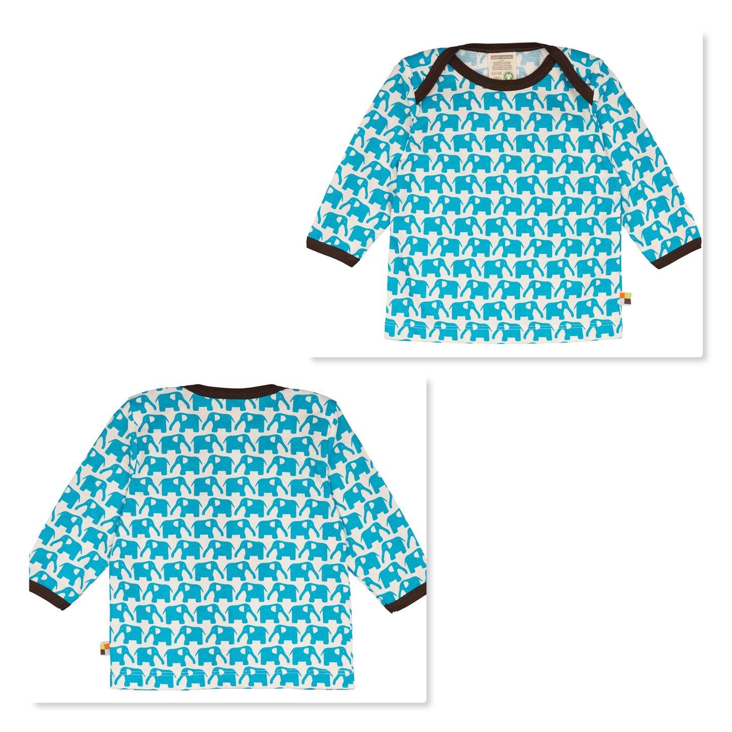 Tolles langärmliges Oberteil von Loud + Proud mit praktischem Schlupfkragen. Das Shirt hat dunkelbraune Kanten und hellblaue Elefanten darauf.