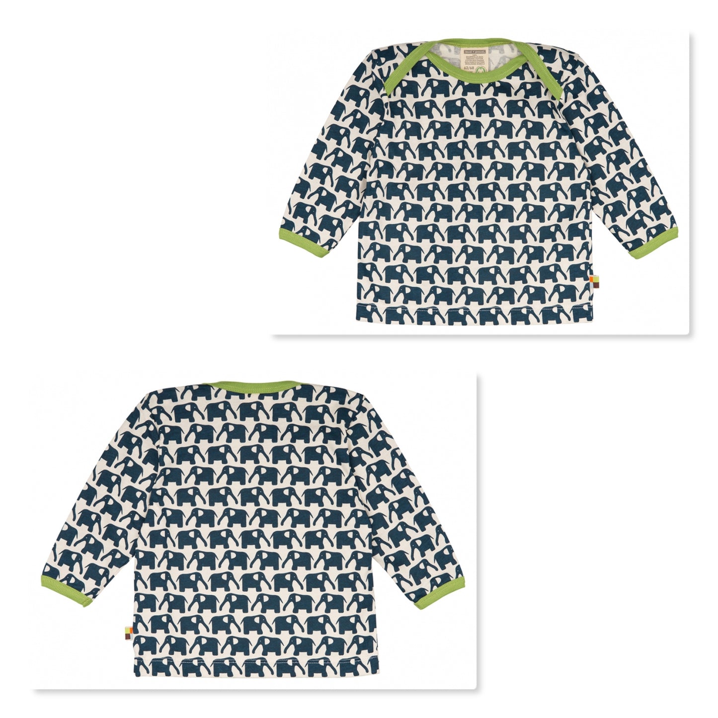 Tolles langärmliges Oberteil von Loud + Proud mit praktischem Schlupfkragen. Das Shirt hat grüne Kanten und dunkelblaue Elefanten darauf.