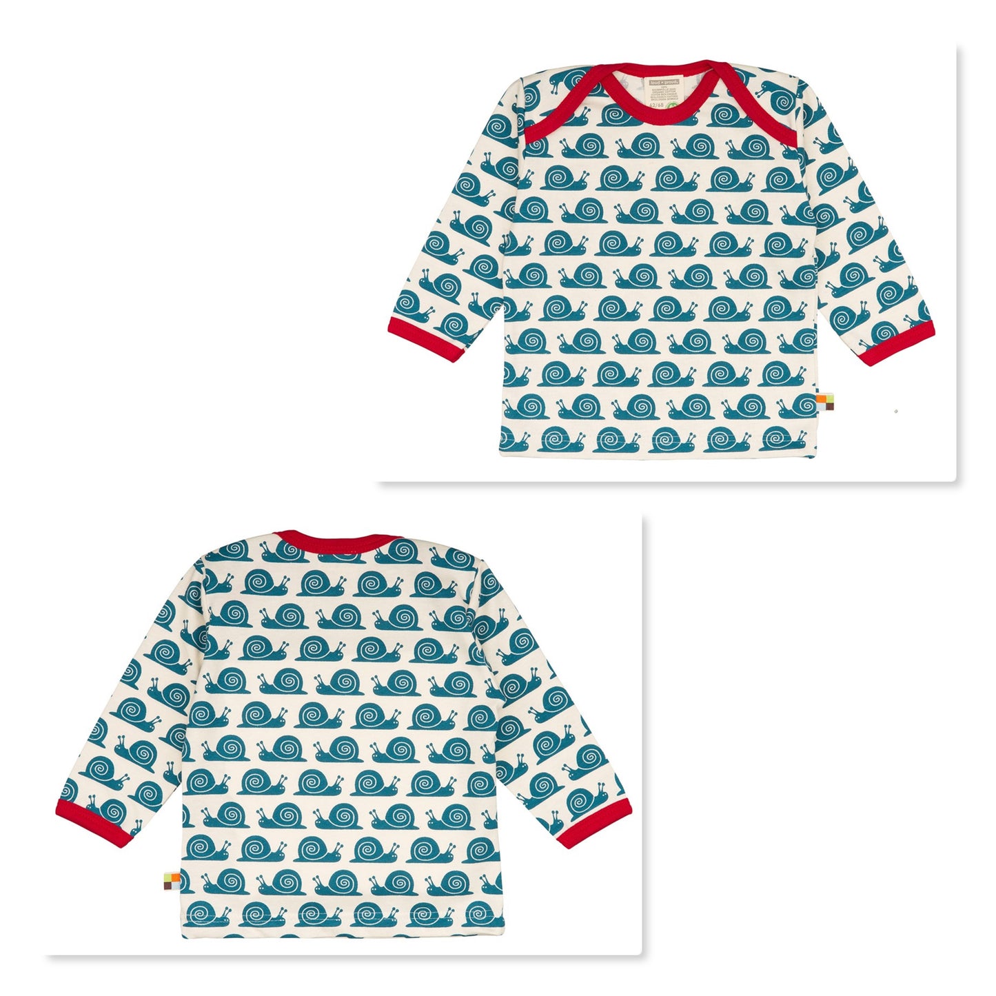 Tolles langärmliges Oberteil von Loud + Proud mit praktischem Schlupfkragen. Das Shirt hat rote Kanten und türkise Schnecken darauf.