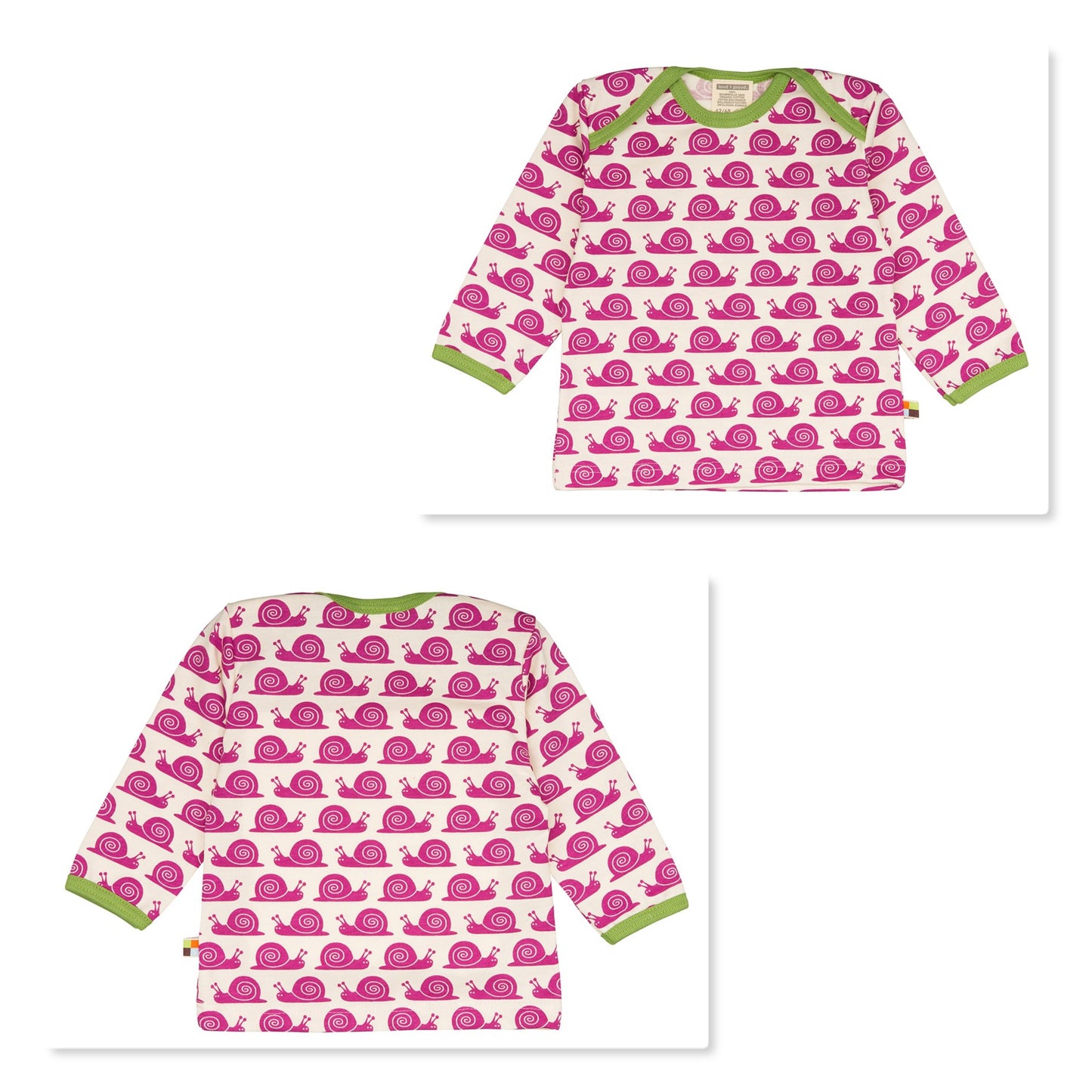 Tolles langärmliges Oberteil von Loud + Proud mit praktischem Schlupfkragen. Das Shirt hat grüne Kanten und rosa Schnecken darauf.