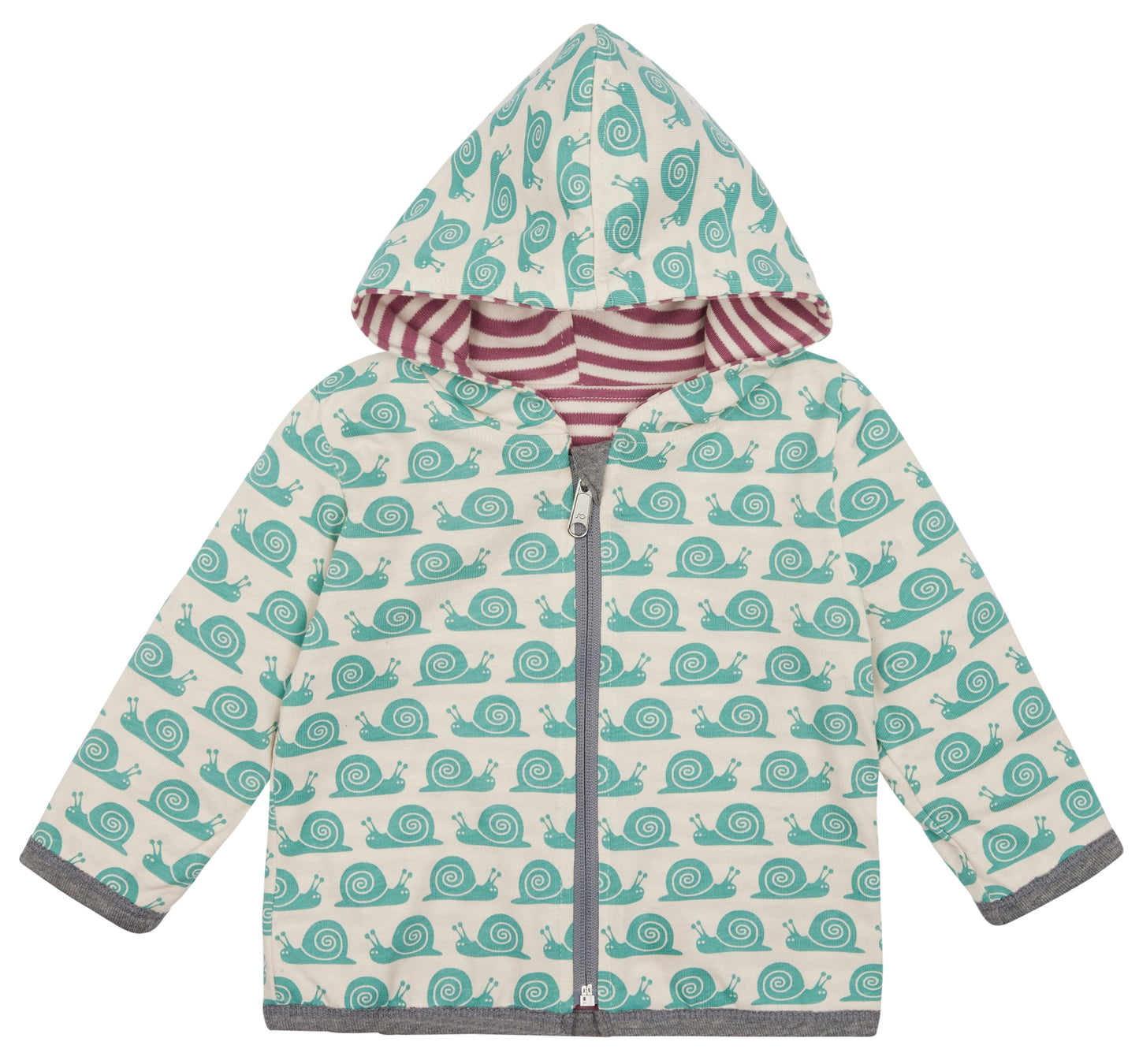 Tolle Wendejacke der deutschen Marke Loud an Proud mit Kapuze. Auf der einen Seite weiß-rosa gestreift auf der anderen mit türkisen Schnecken. Aus GOTS-zertifizierter Bio-Baumwolle