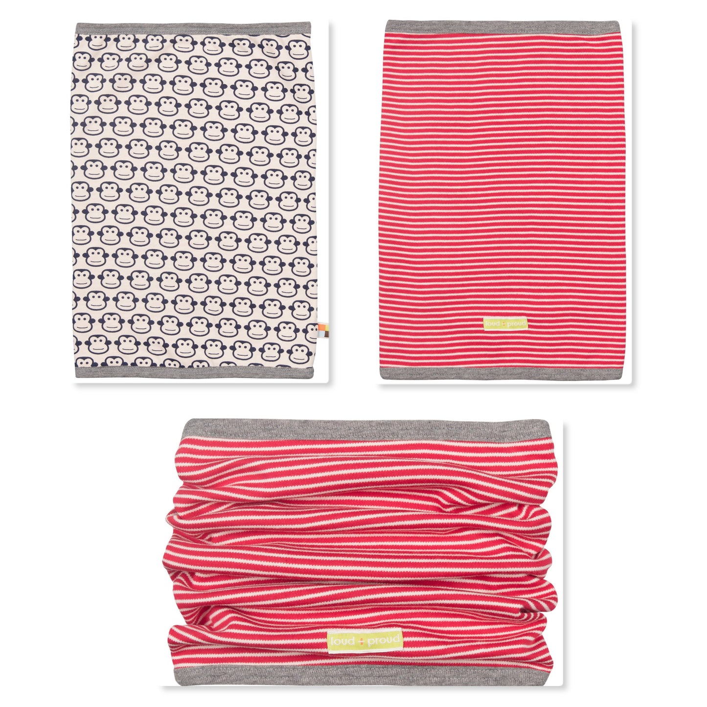 Cooler Wendeschal der deutschen Marke Loud + Proud aus Bio-Baumwolle (kbA). Auf der einen Seite mit Äffchen, auf der anderen rot-weiß gestreift.