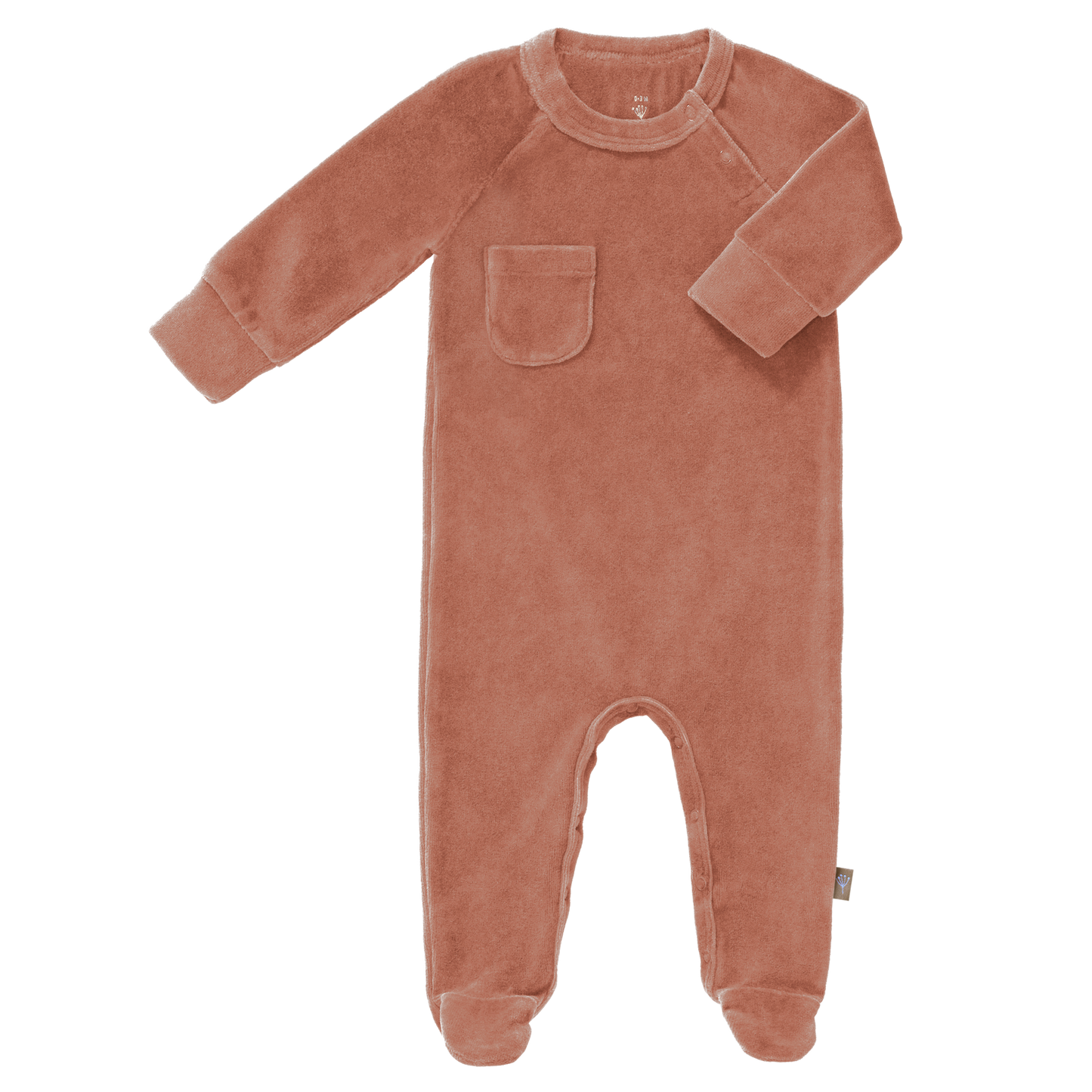 Schöner Einteiler mit Fuß aus weichem Velours in rosa. Hergestellt aus Bio-Baumwolle