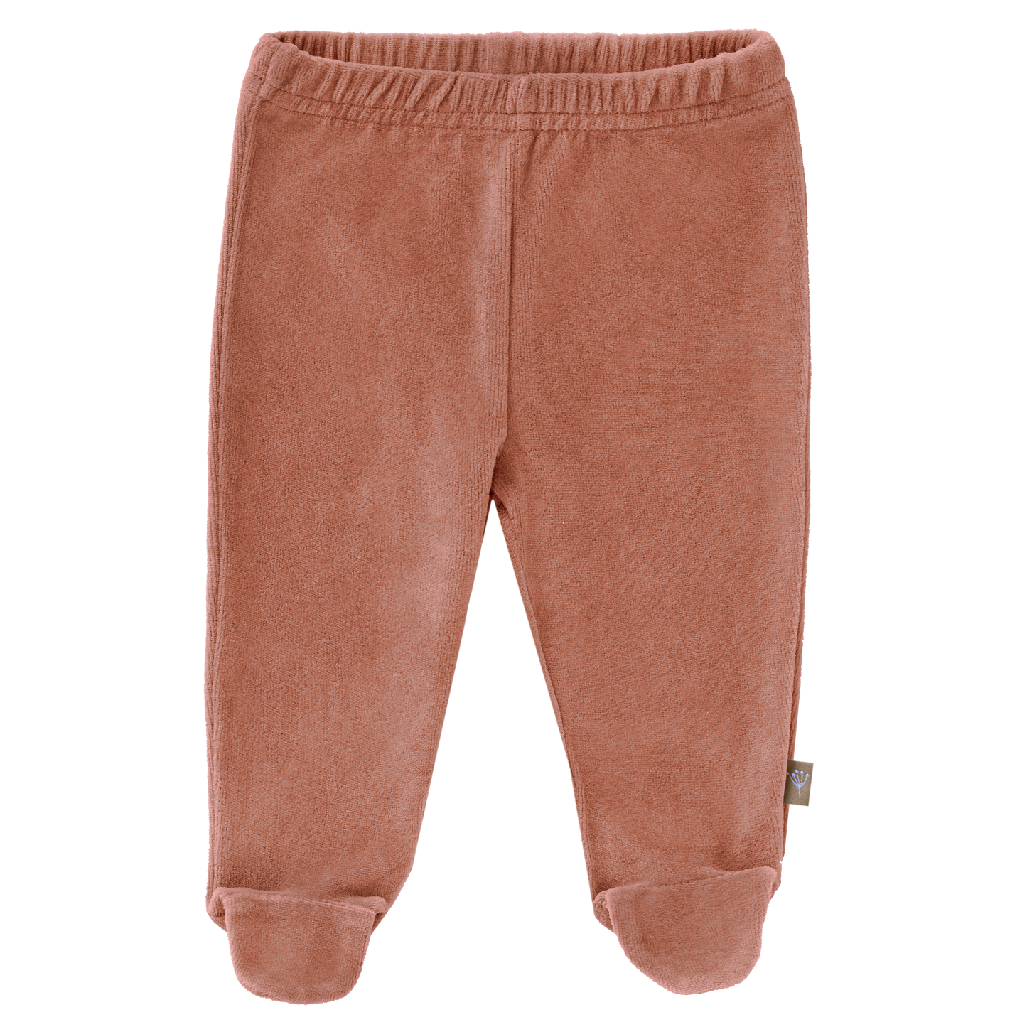 Schöne Baby-Hose mit Fuß aus weichem Velours in braun. Aus Bio-Baumwolle