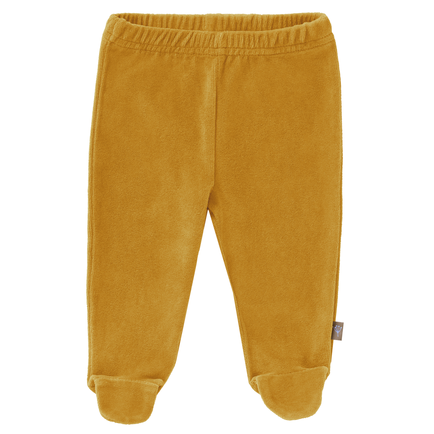 Schöne Baby-Hose mit Fuß aus weichem Velours in senfgelb. Aus Bio-Baumwolle