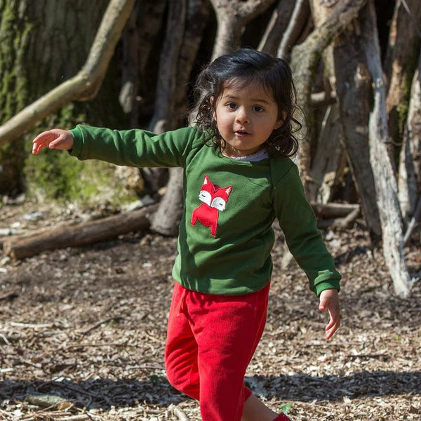 Hochwertiges Langarm-Shirt in grün mit niedlichem Fuchs aus Bio-Baumwolle