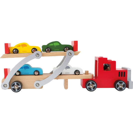 Massiver Autotransporter aus Holz mit 4 Autos im Rennwagen-Design 