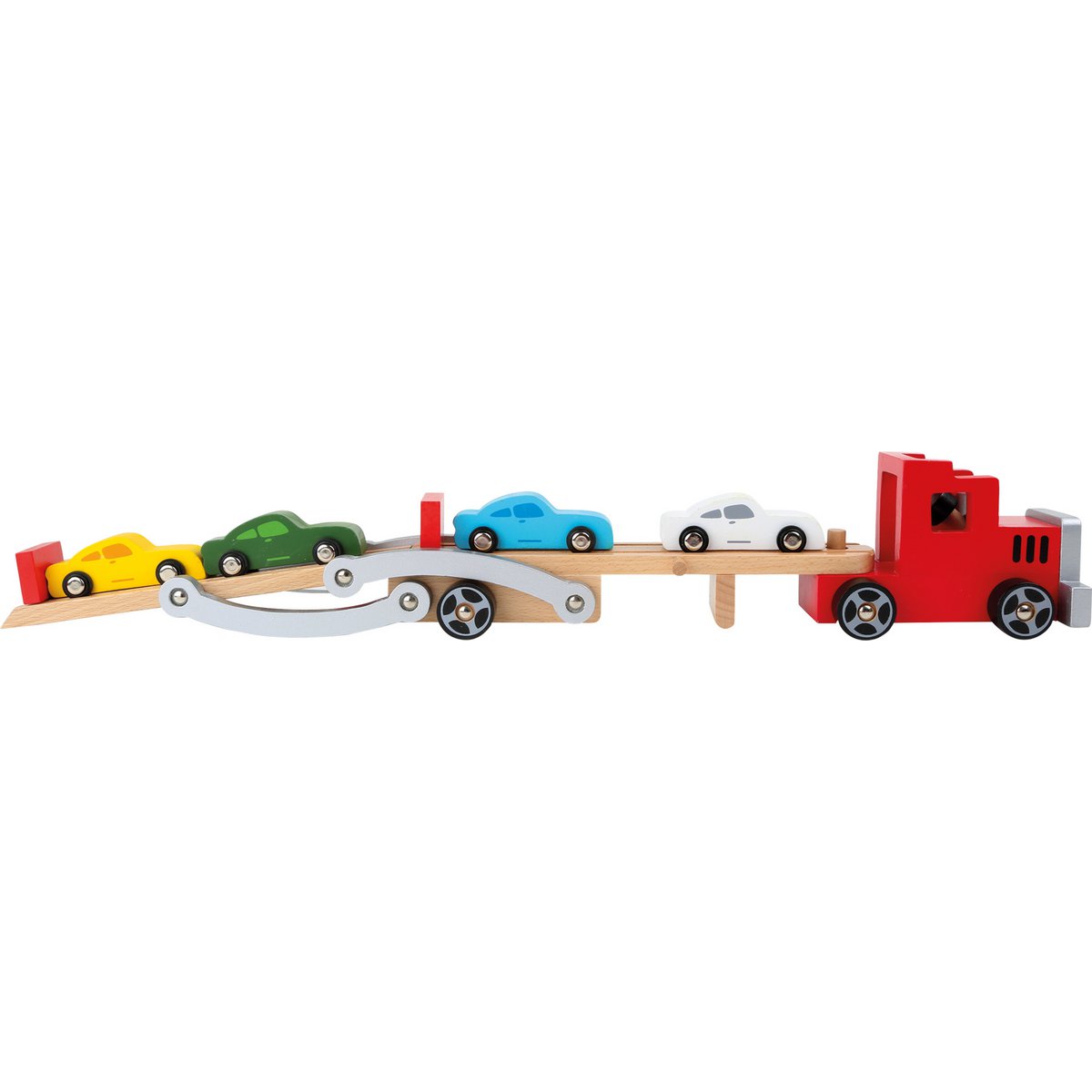 Massiver Autotransporter aus Holz mit 4 Autos im Rennwagen-Design 