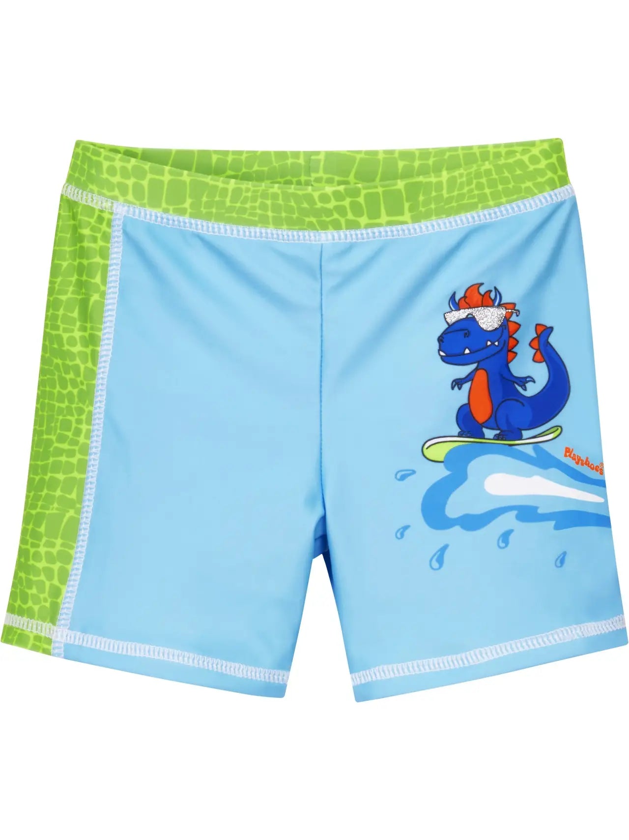 Badeshort in grün und blau mit coolem Dino und UV-Schutz
