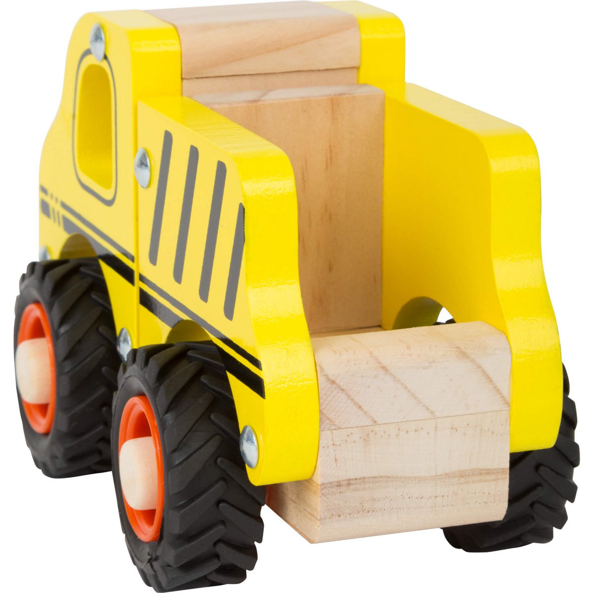 Gelbes Baufahrzeug aus FSC-zertifizierten Holz mit gummierten Reifen
