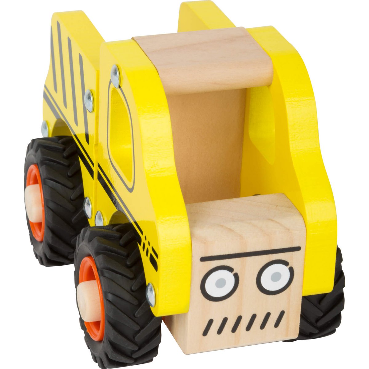 Gelbes Baufahrzeug aus FSC-zertifizierten Holz mit gummierten Reifen