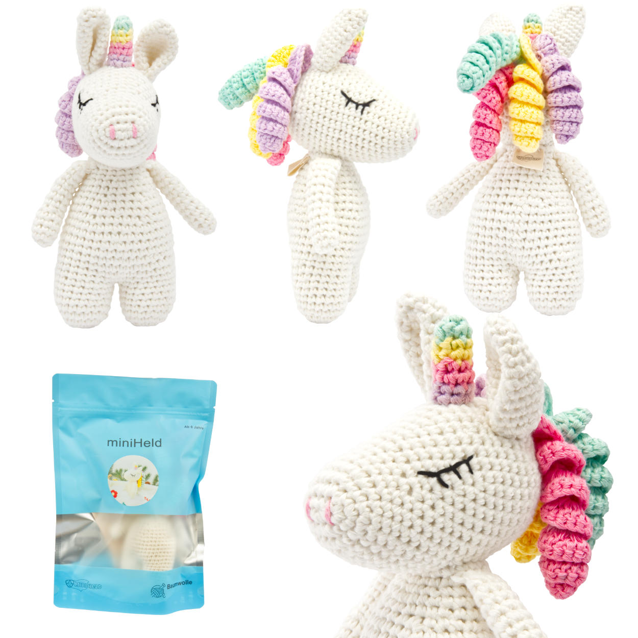Süßes Einhorn mit bunten Locken, von Hand gehäkelt, perfektes Geschenk für kleine und grosse Mädchen 