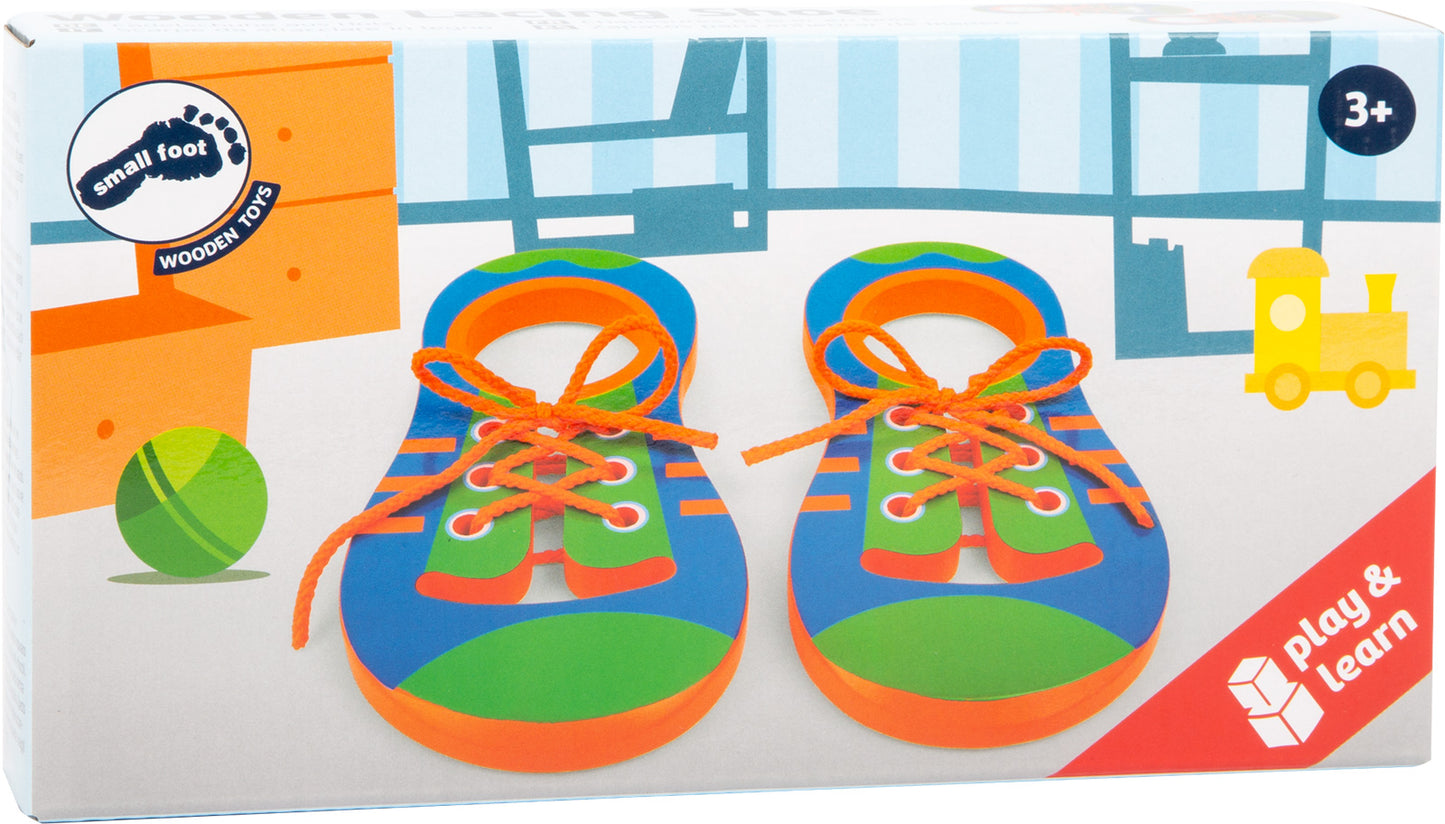 Bunte Fädelschuhe aus Holz zum Schleife lernen