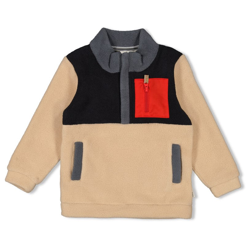 Warmer und kuschliger Fleece Sweater in beige und schwarz mit Taschen und Reißverschluss am Kragen