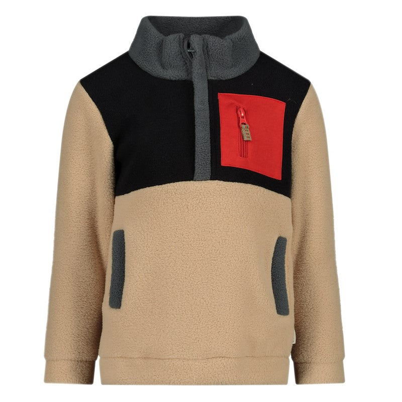 Warmer und kuschliger Fleece Sweater in beige und schwarz mit Taschen und Reißverschluss am Kragen