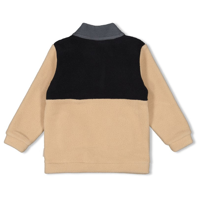 Warmer und kuschliger Fleece Sweater in beige und schwarz mit Taschen und Reißverschluss am Kragen
