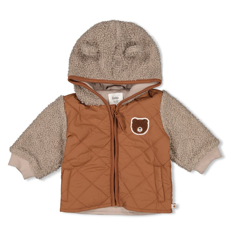 Süße Plüschjacke mit Kapuze und Teddy-Ohren ind Braun mit Teddybären Applikation auf der Brust