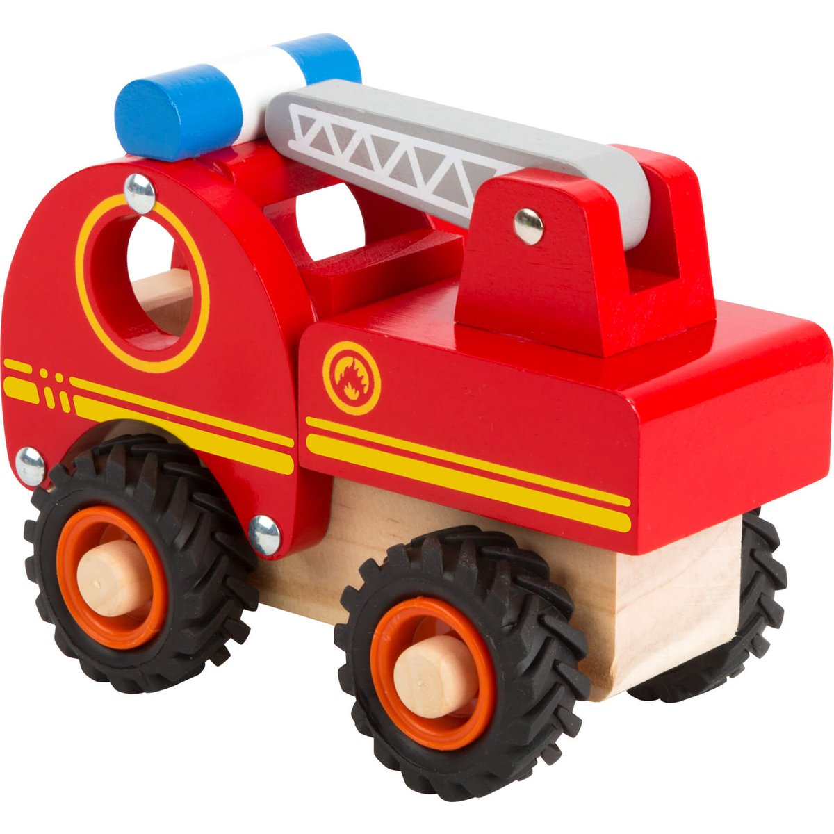 Rotes Feuerwehrauto aus 100% FSC-zertifiziertem Holz mit beweglicher Leiter