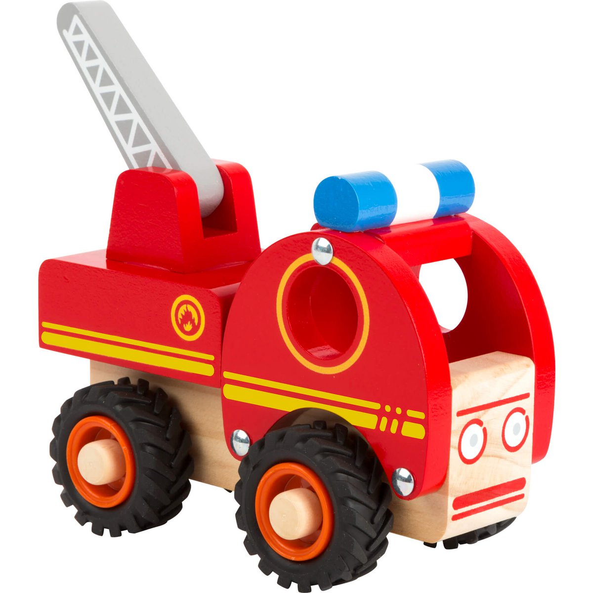 Rotes Feuerwehrauto aus 100% FSC-zertifiziertem Holz mit beweglicher Leiter