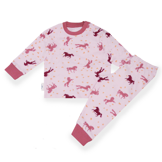Schöner Mädchen Schlafanzug in rosa mit Pferden