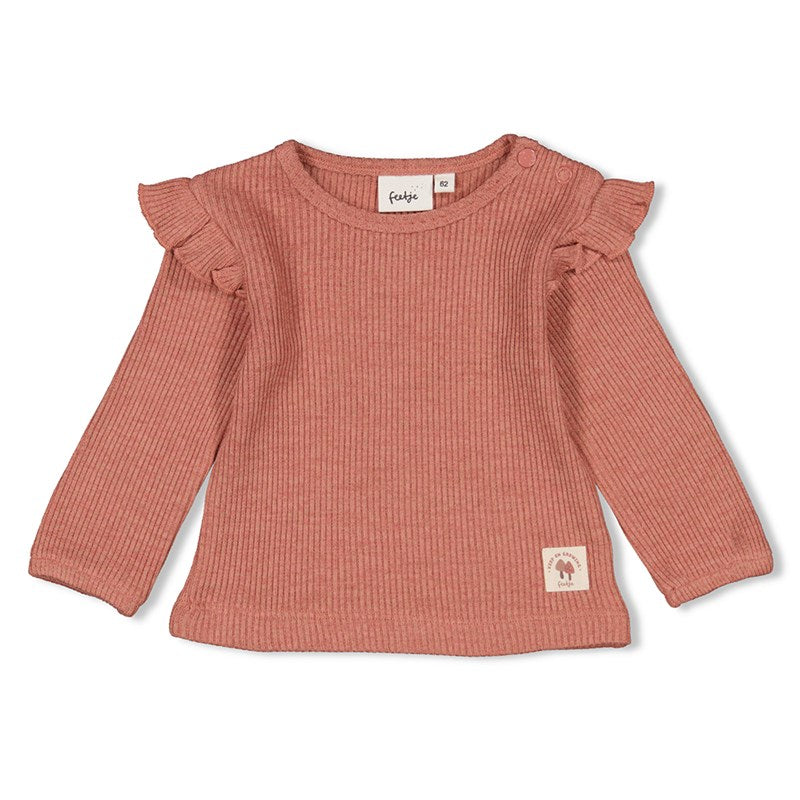 Geripptes Longsleeve mit Rüschen und Rundhalsausschnitt in Berry Melange