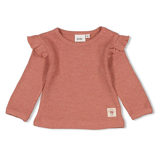 Geripptes Longsleeve mit Rüschen und Rundhalsausschnitt in Berry Melange