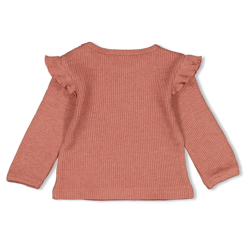 Geripptes Longsleeve mit Rüschen und Rundhalsausschnitt in Berry Melange