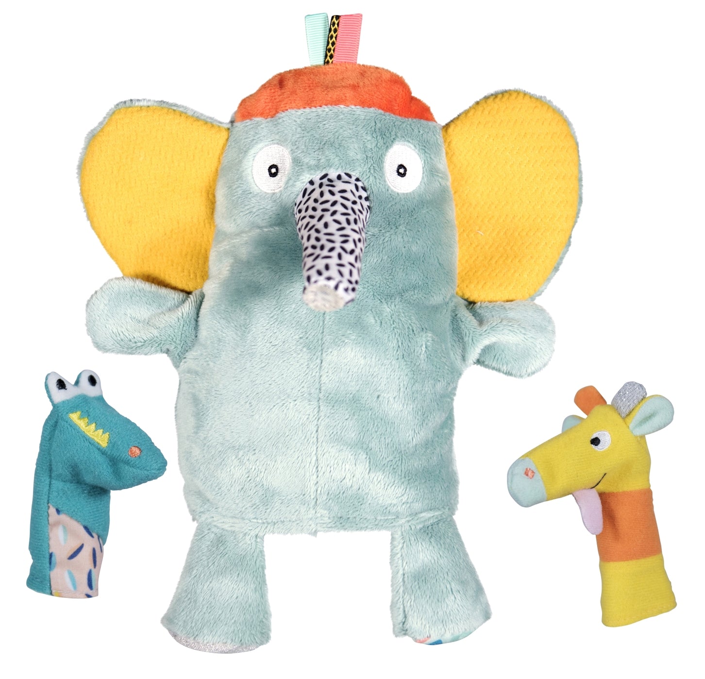 Lustiger, bunter Elefant mit großen Ohren und zwei Fingerpuppen Krokodil und Giraffe - perfekt für phantasievolle Geschichten 