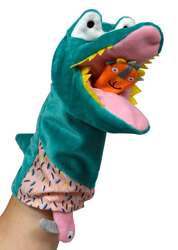 Lustige, weiche Handpuppe Krokodil mit zwei Fingerpuppen Katze und Hase - perfekt für phantasievolle Geschichten 