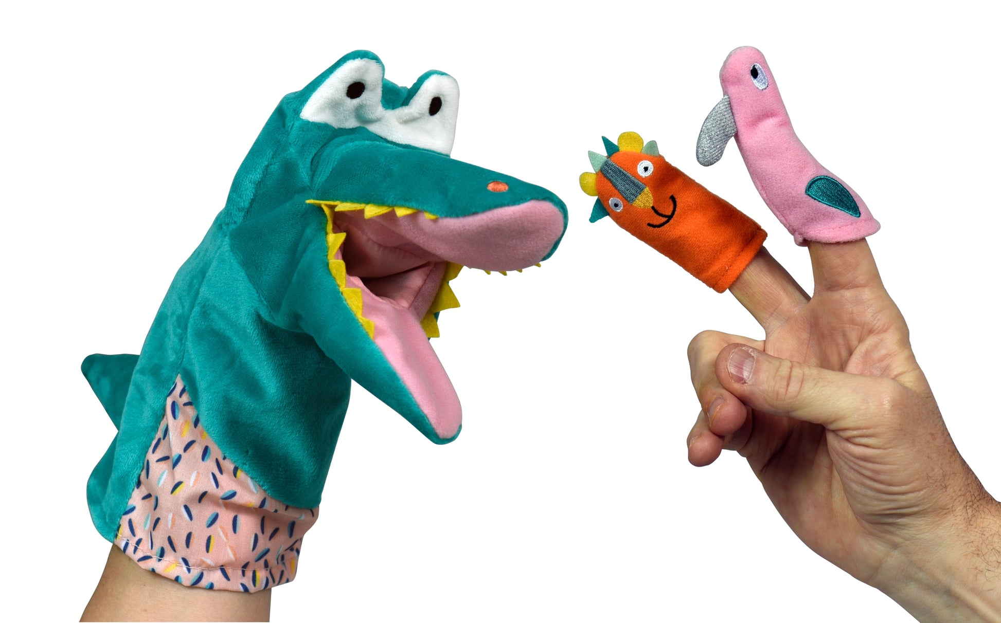Lustige, weiche Handpuppe Krokodil mit zwei Fingerpuppen Katze und Hase - perfekt für phantasievolle Geschichten 
